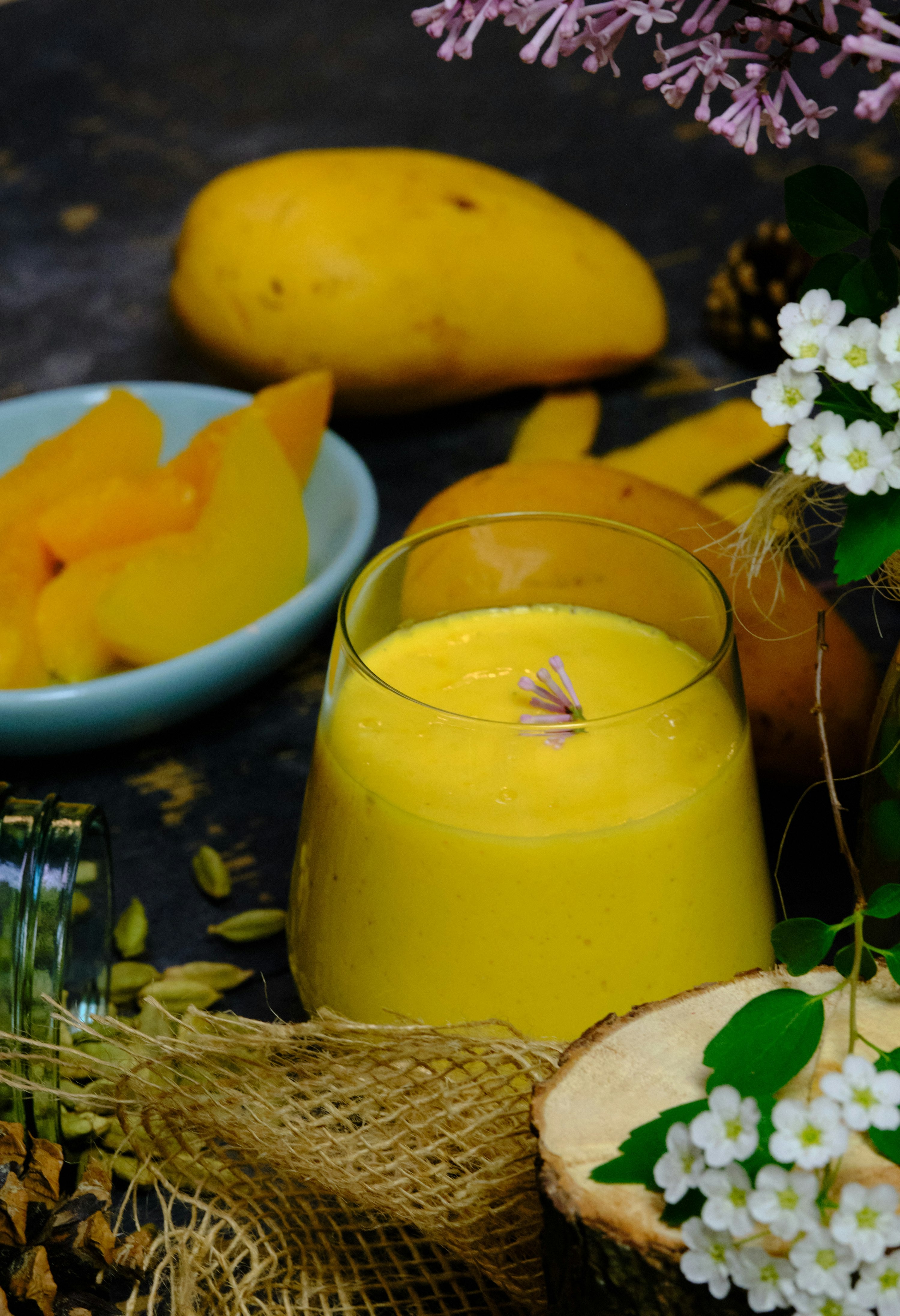 Tropical golden smoothie in a clear glass
